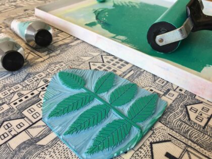 Ash green inked lino block