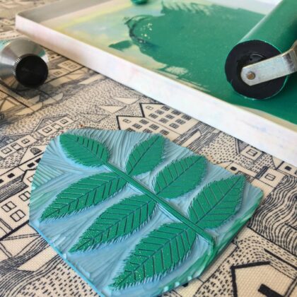 Ash green inked lino block