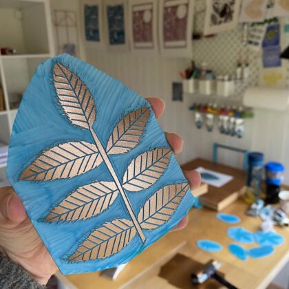 Ash inked lino block copper