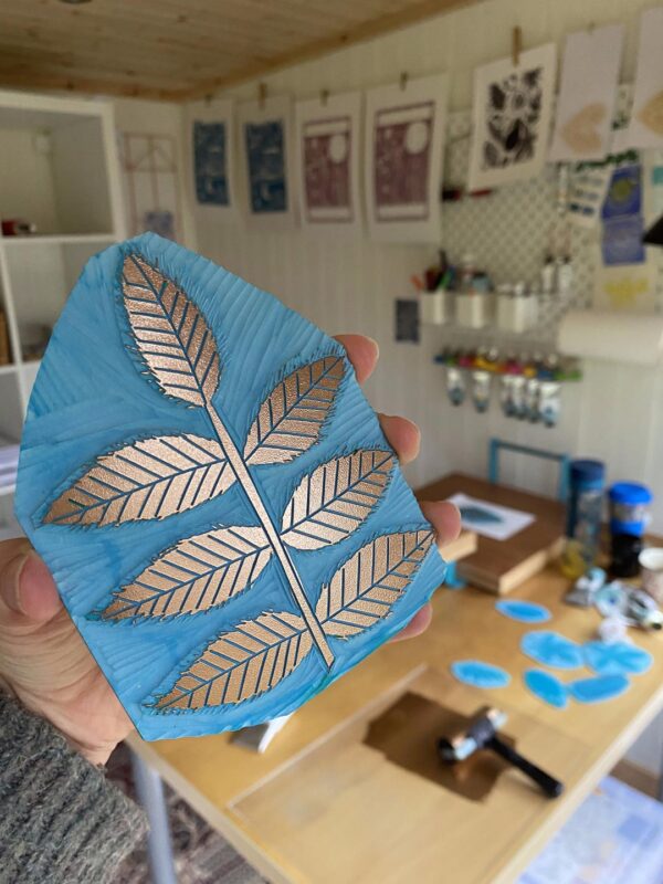 Ash inked lino block copper