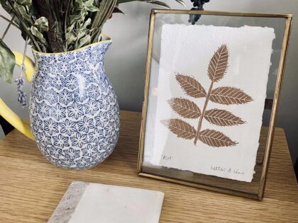 Ash leaf print copper framed display