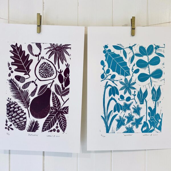 Autumn and winter linocut prints