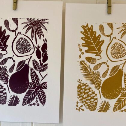 Autumn blackberry yellow ochre linocut print