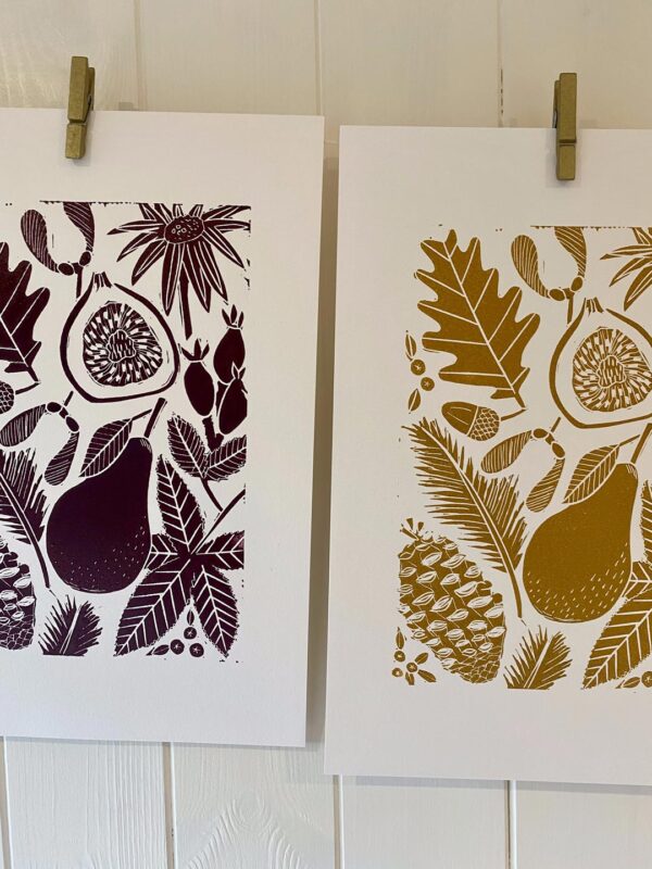 Autumn blackberry yellow ochre linocut print