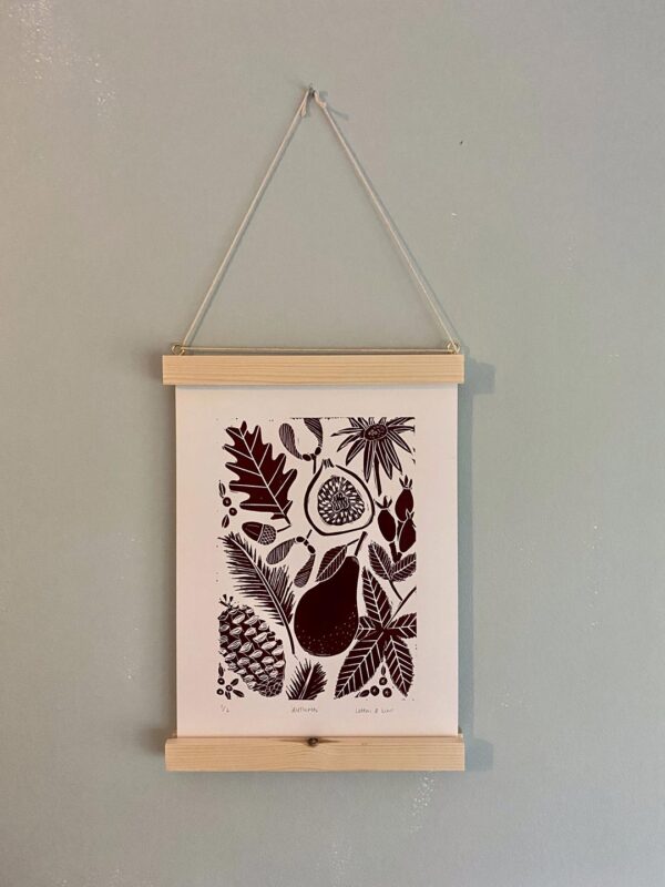 Autumn framed linocut print hanging