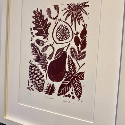 Autumn lino cut print white frame