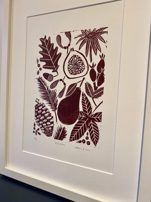 Autumn lino cut print white frame