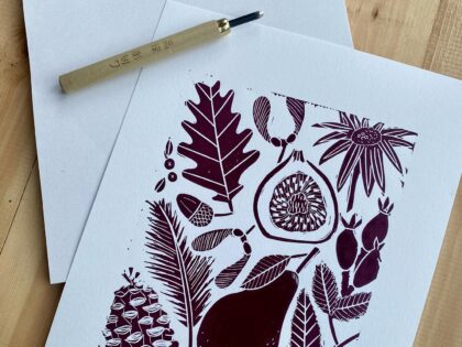 Autumn linocut print colour mixing blackberry