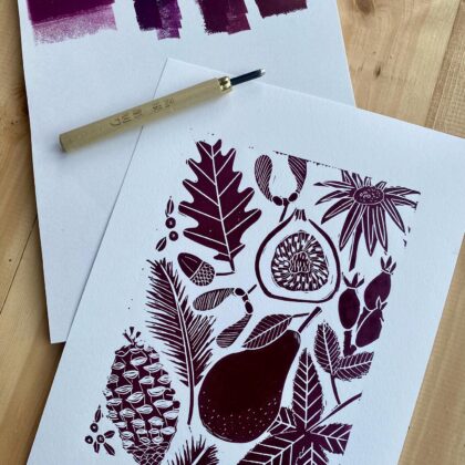 Autumn linocut print colour mixing blackberry