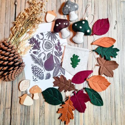 Autumn linocut print flat lay