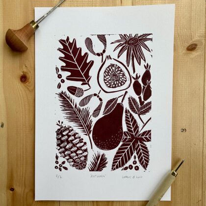 Autumn linocut print unframed carving tools