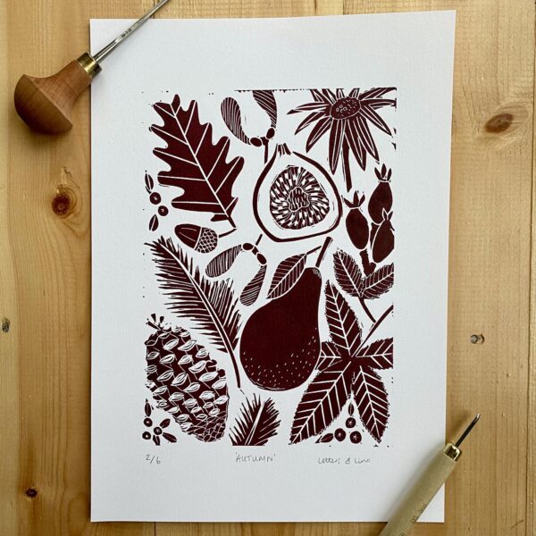 Autumn linocut print unframed carving tools