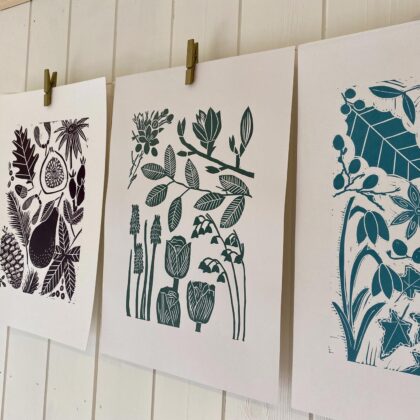 Autumn spring winter linocut prints drying