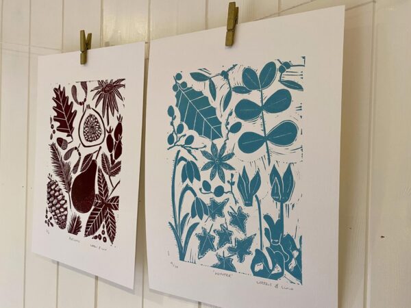 Autumn winter lino cut prints