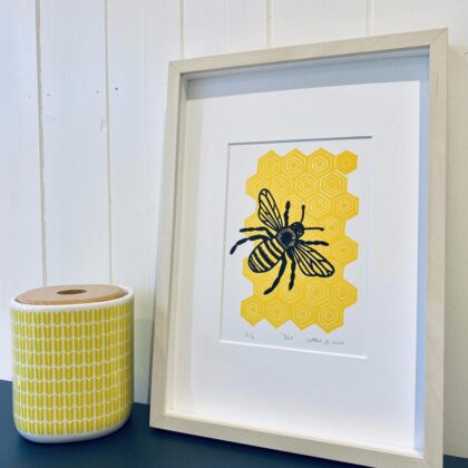 Bee framed lino cut print beech