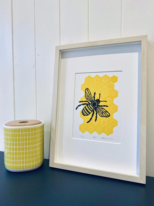 Bee framed lino cut print beech