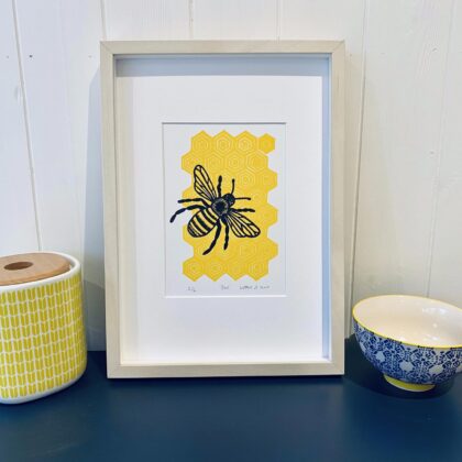 Bee framed linocut print beech