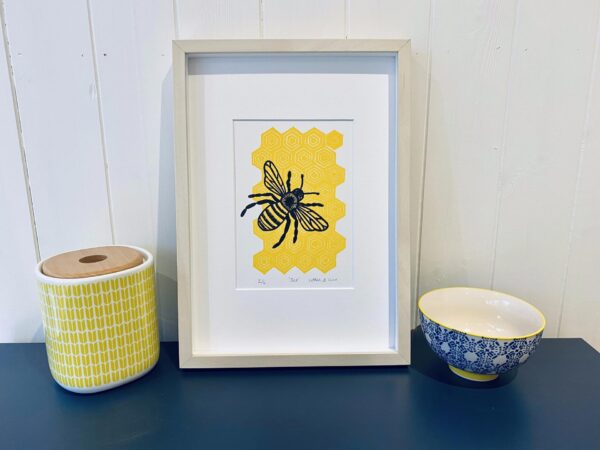 Bee framed linocut print beech