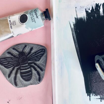 Bee inked lino block black