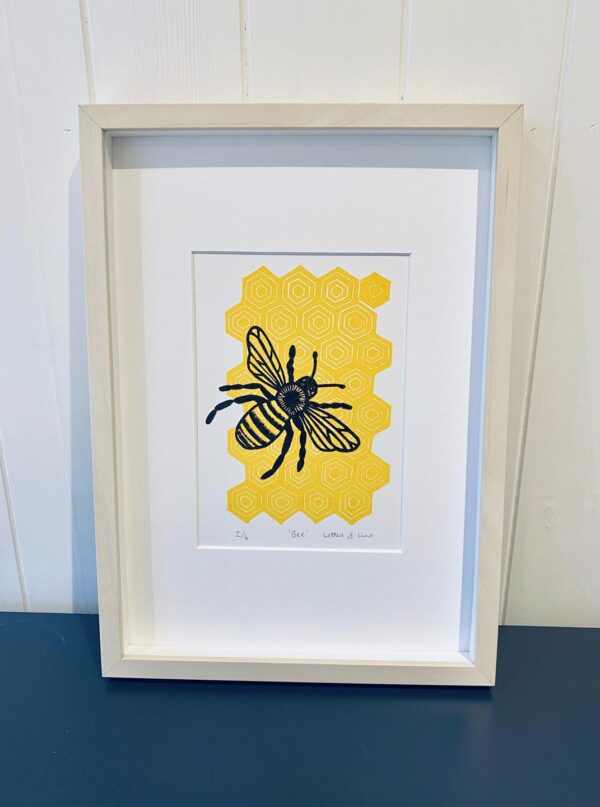 Bee linocut print beech frame