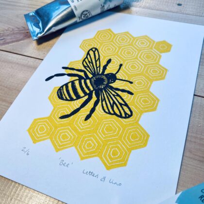 Bee linocut print close up