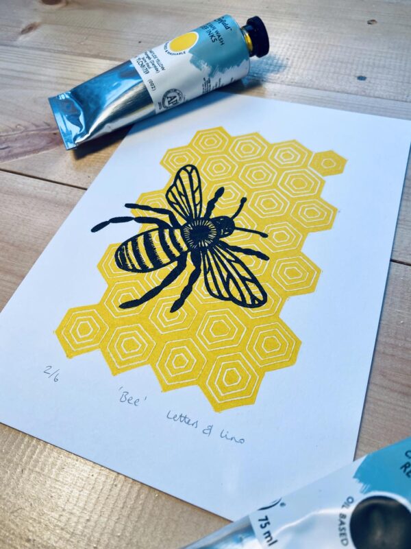Bee linocut print close up