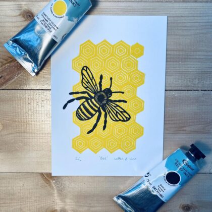 Bee linocut print inks diarylide yellow black