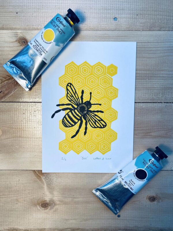 Bee linocut print inks diarylide yellow black