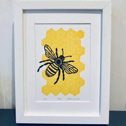 Bee linocut print white frame