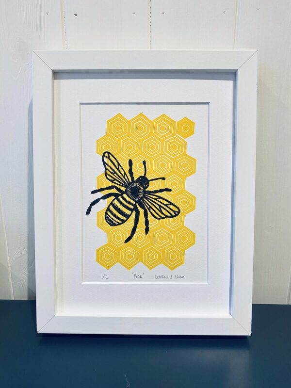 Bee linocut print white frame
