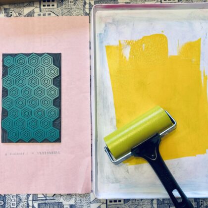 Bee print inking lino honeycomb