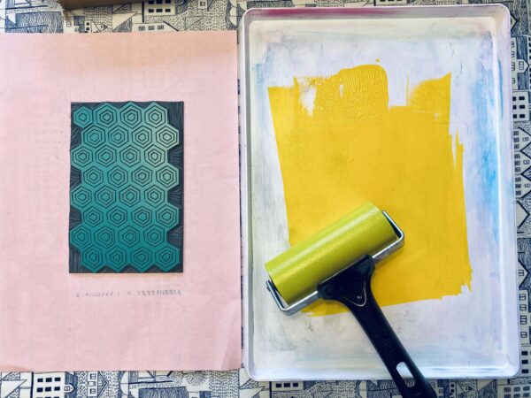 Bee print inking lino honeycomb
