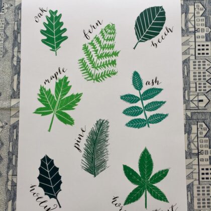 Black calligraphy large leaves linocut print