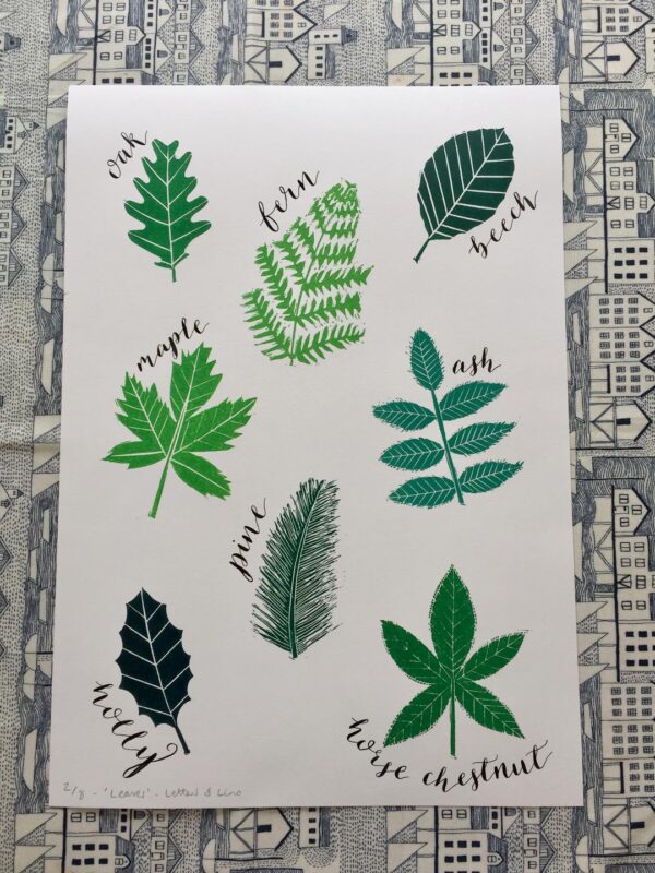 Black calligraphy large leaves linocut print