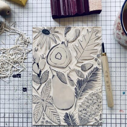 Carved lino block autumn