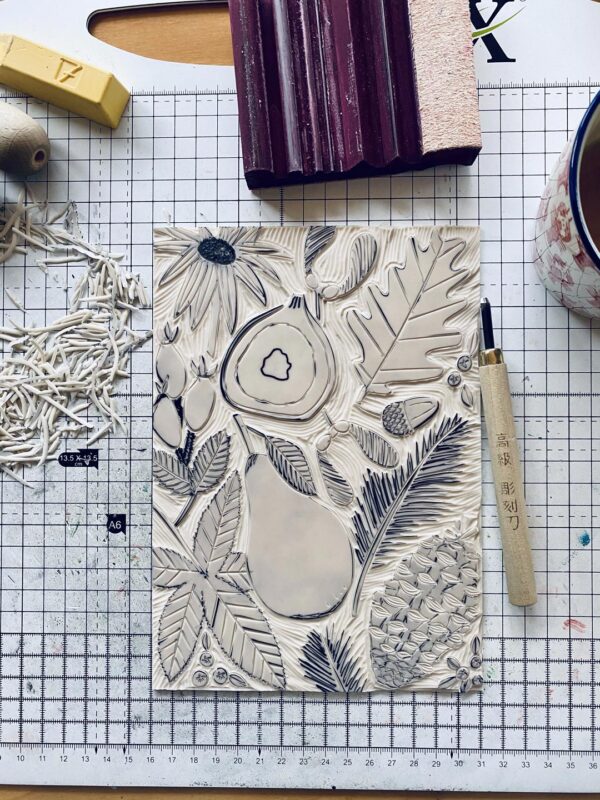 Carved lino block autumn