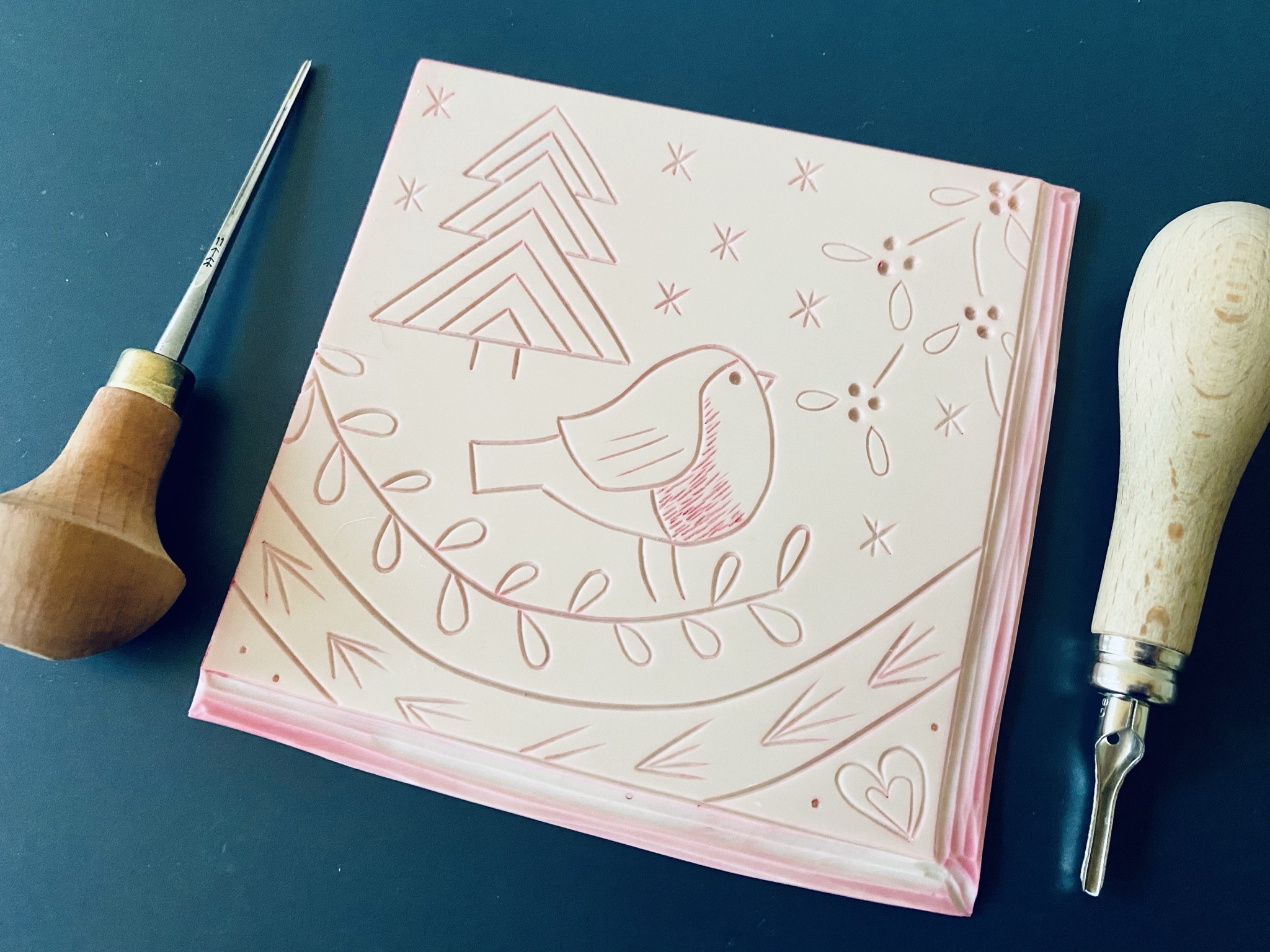 Carved lino robin christmas Carved lino robin christmas
