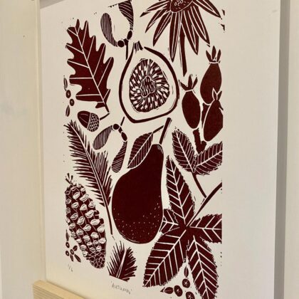 Close up autumn linocut print hanging
