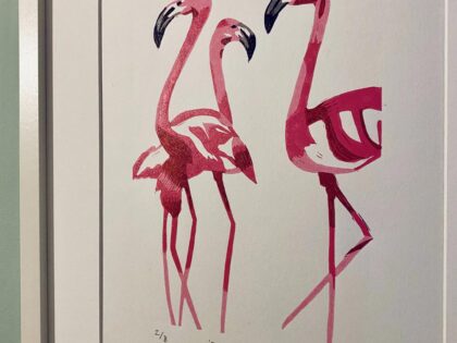 Close up flamingos linocut print