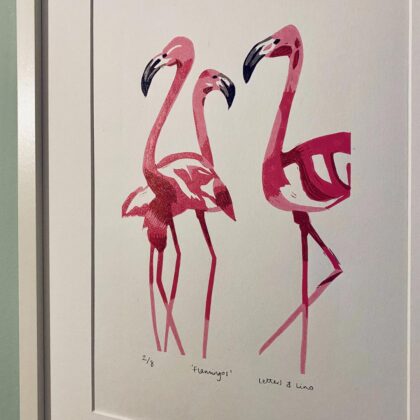Close up flamingos linocut print