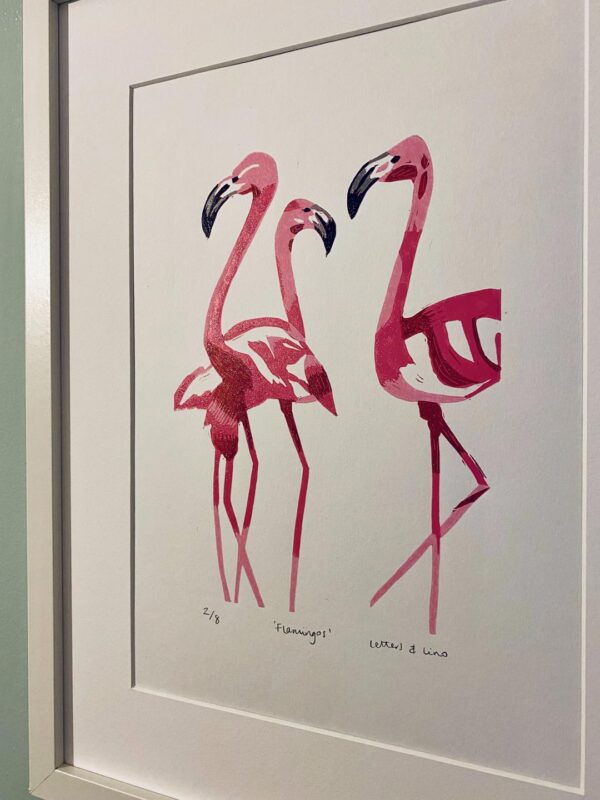 Close up flamingos linocut print