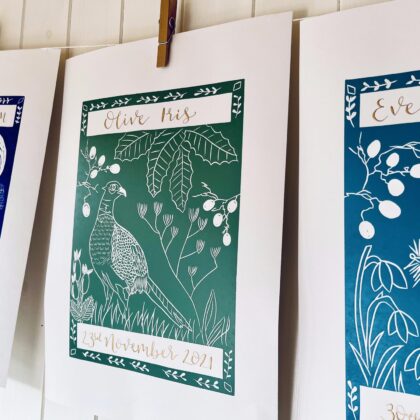 Close up personalised calligraphy linocut prints range