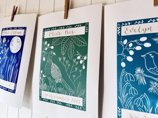 Close up personalised calligraphy linocut prints range
