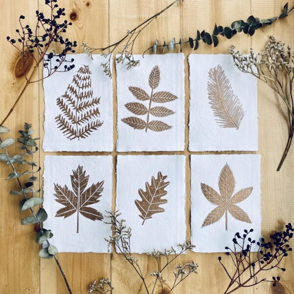 Copper leaf lino cut prints botanical