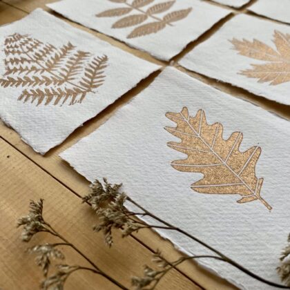 Copper leaf prints detail lino
