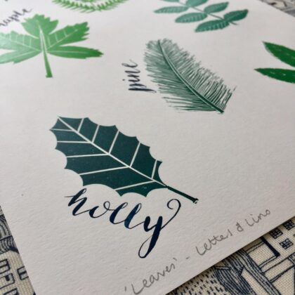 Detail calligraphy large leaves linocut print holly
