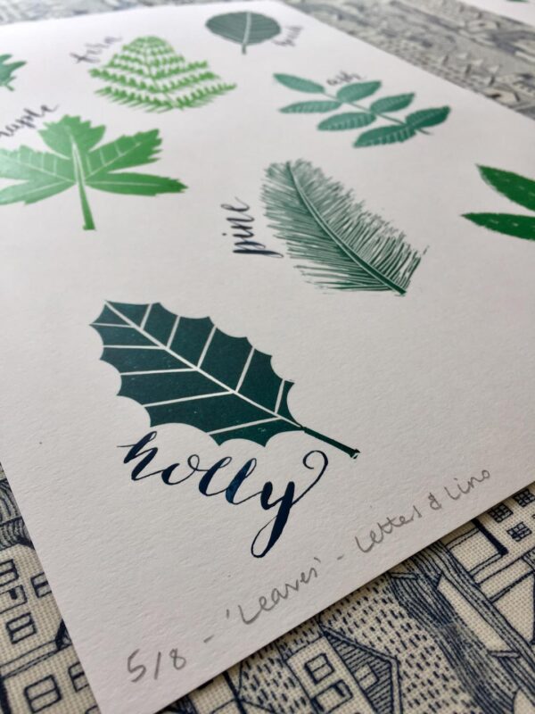 Detail calligraphy large leaves linocut print holly