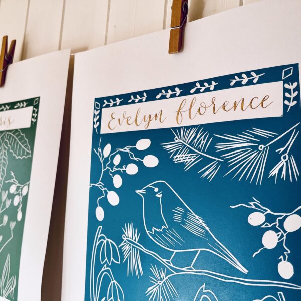 Detail calligraphy robin in winter linocut print