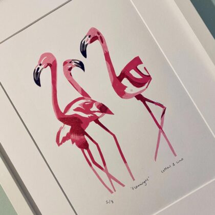 Detail flamingos reduction linocut print