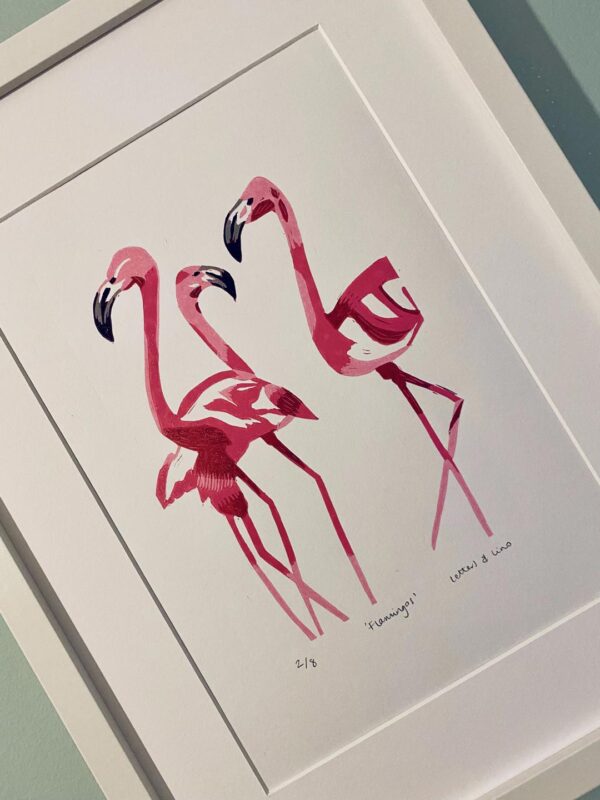 Detail flamingos reduction linocut print